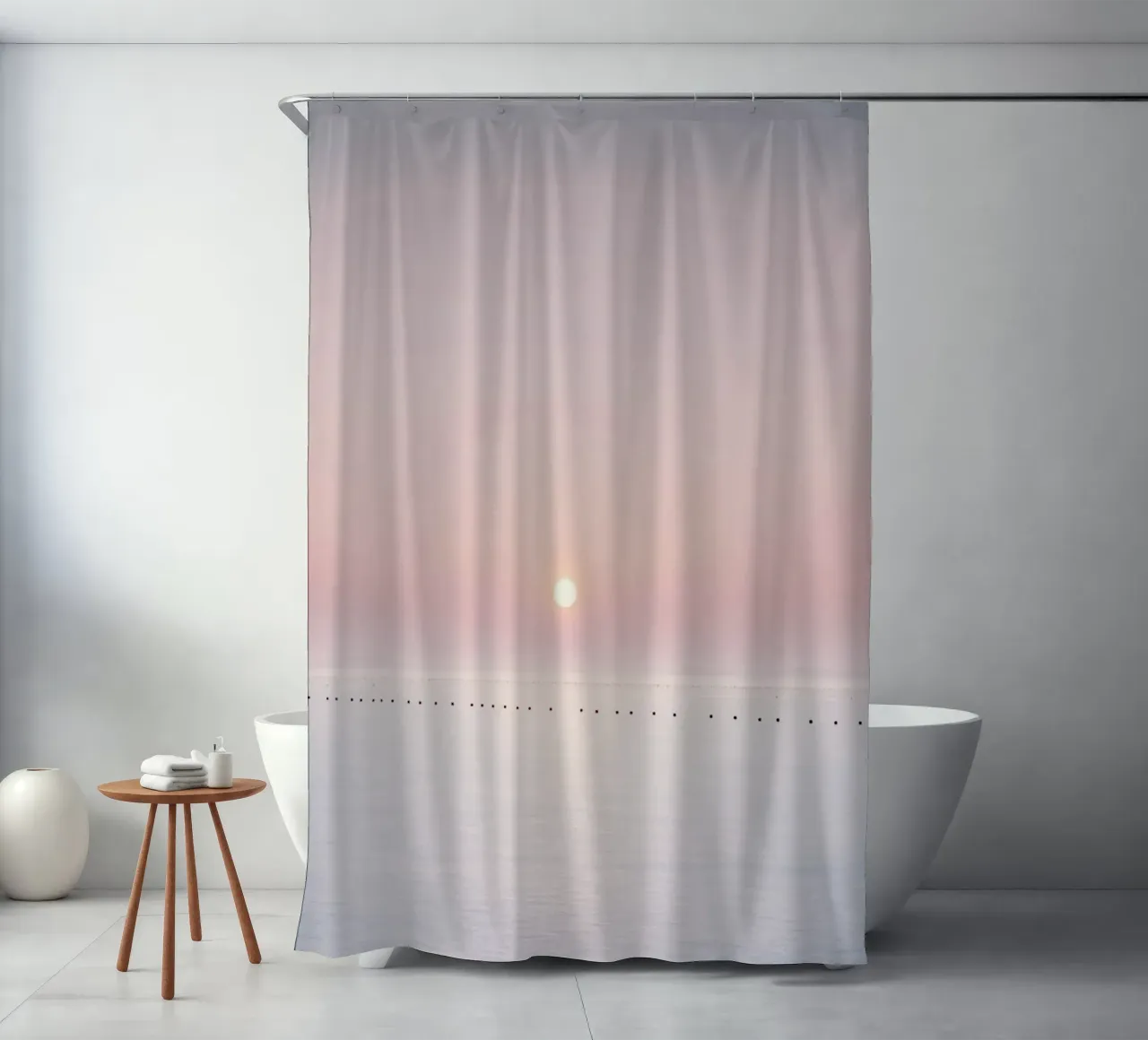 Orizzonte oceanico minimalista con tramonto rosa tenda da doccia da Indigo Tides Art