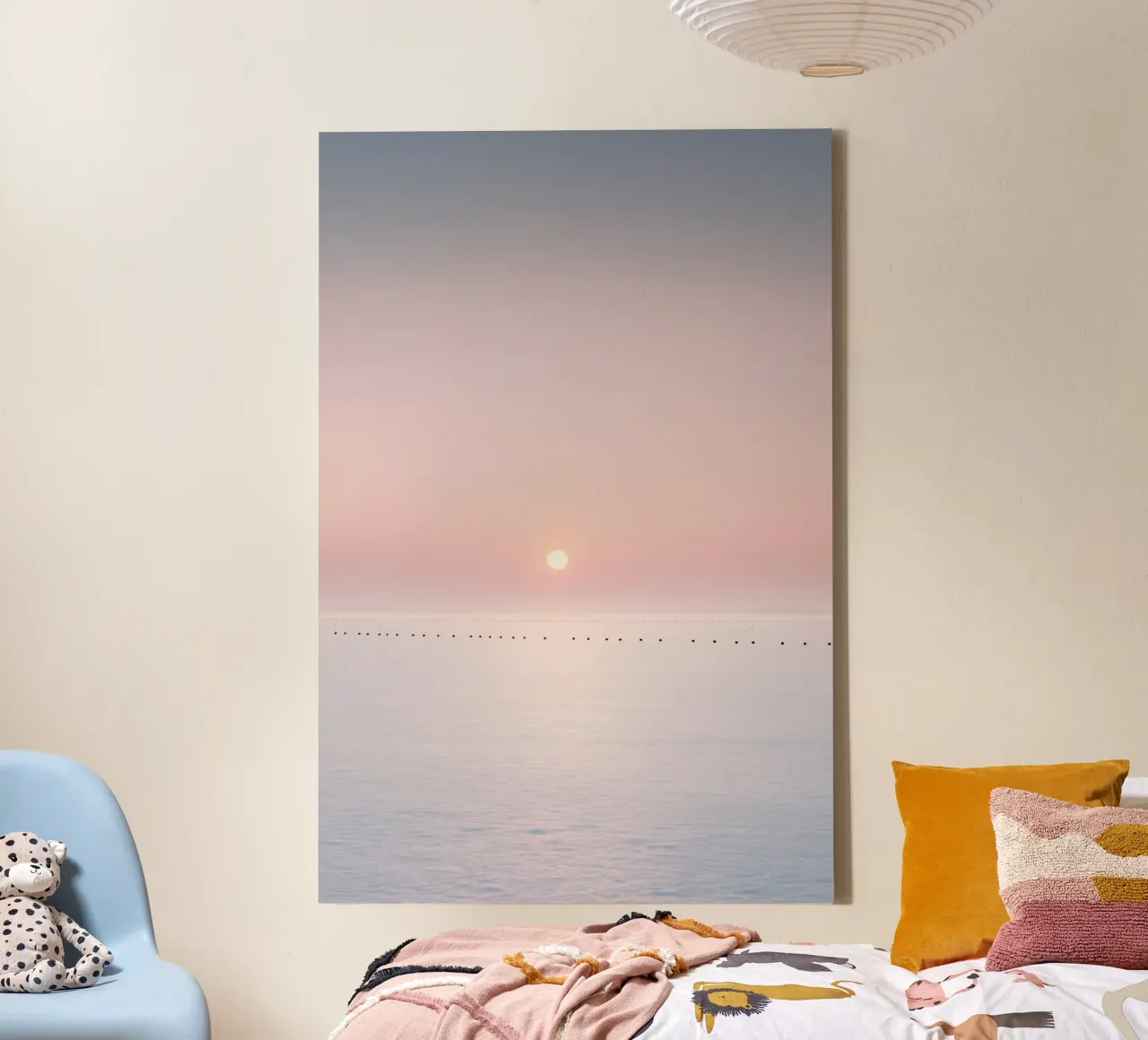 Orizzonte oceanico minimalista con tramonto rosa tela da Indigo Tides Art
