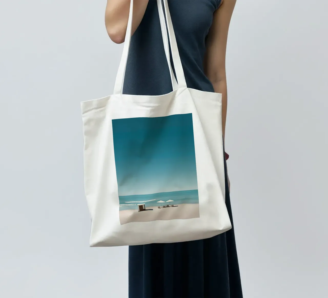 Spiaggia con Cabana borsa in juta da Indigo Tides Art