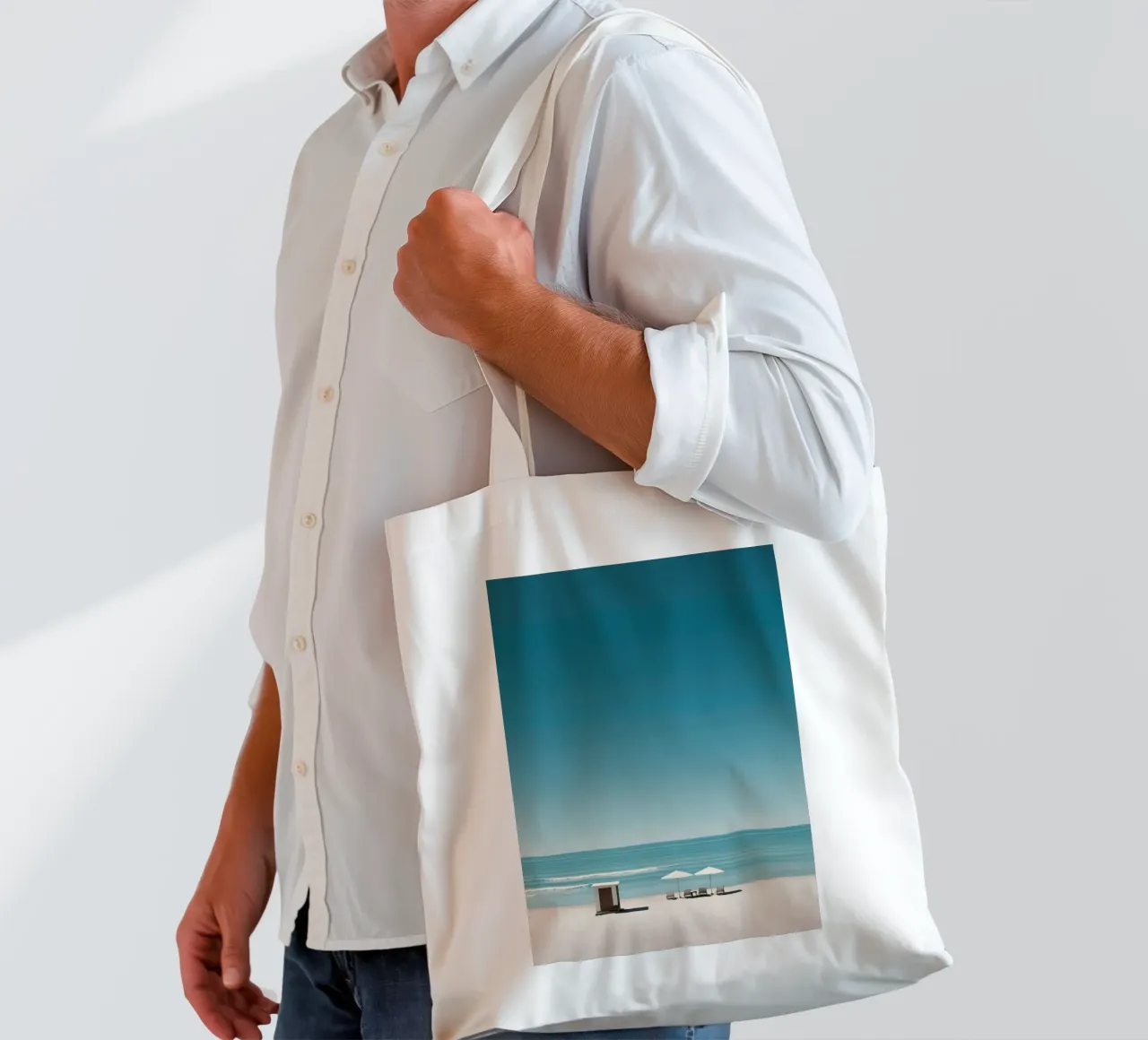 Spiaggia con Cabana borsa in juta da Indigo Tides Art