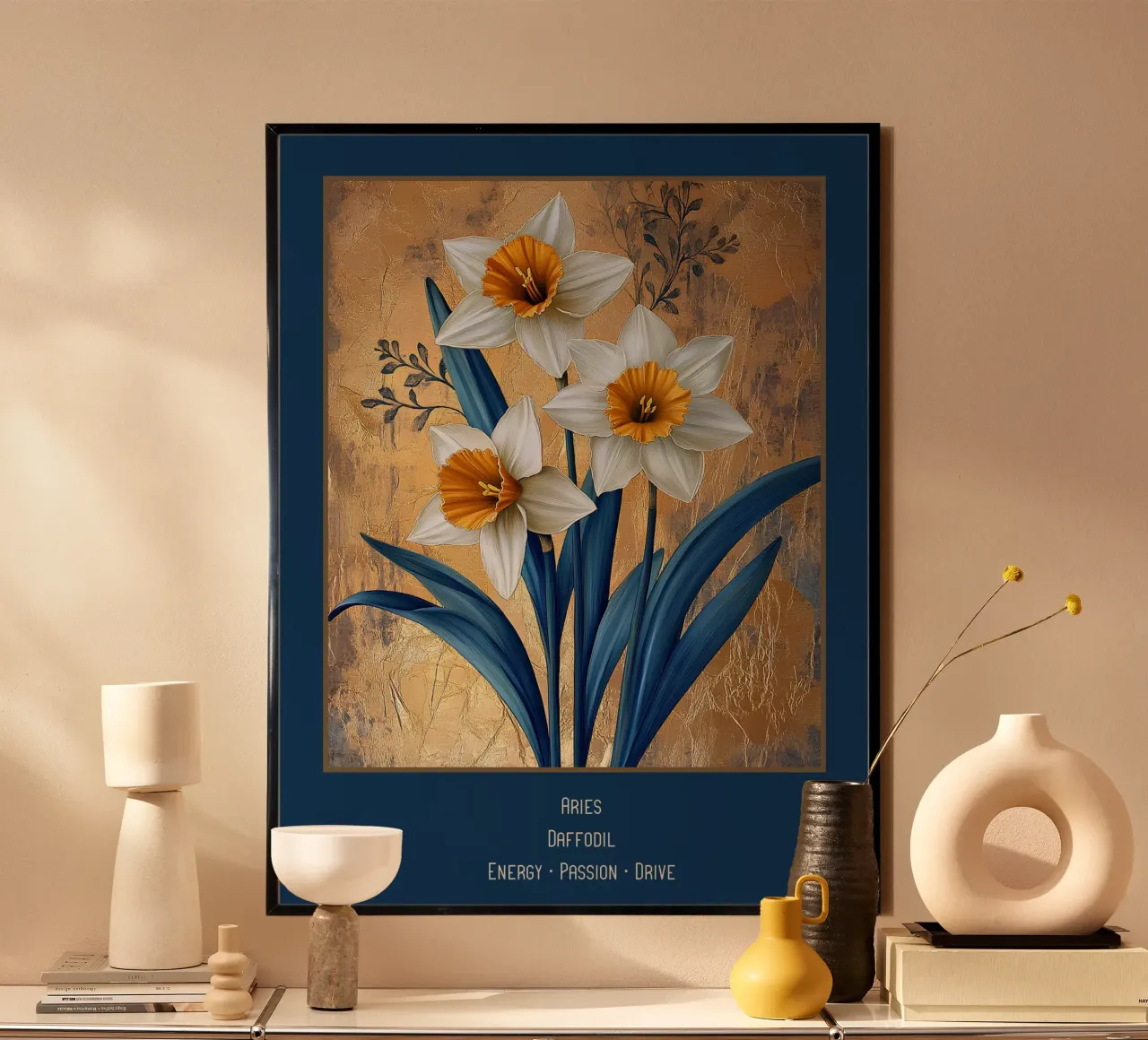 Las flores de los signos del zodiaco: Aries - Narciso poster con marco de madera de Art-Nouveau-Dsg