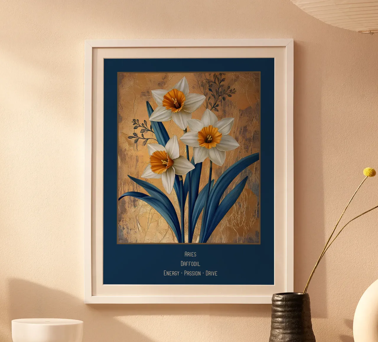 Las flores de los signos del zodiaco: Aries - Narciso poster con marco de madera de Art-Nouveau-Dsg