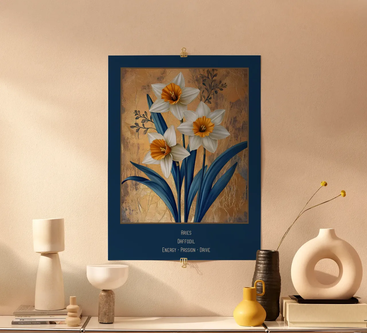Las flores de los signos del zodiaco: Aries - Narciso poster con marco de madera de Art-Nouveau-Dsg