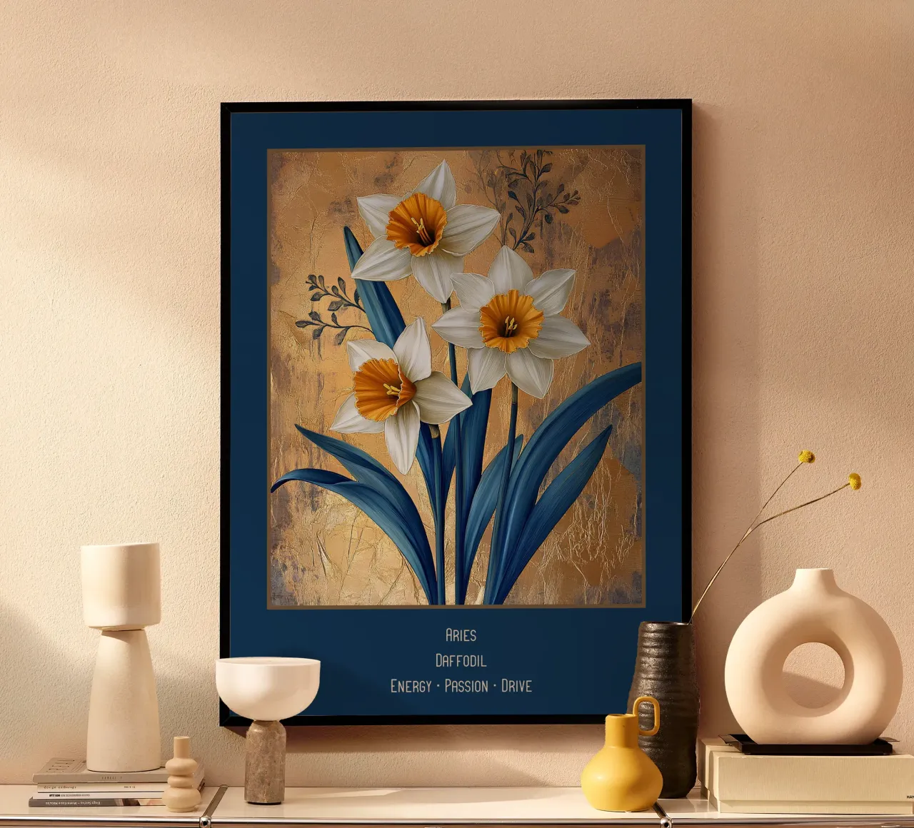 Las flores de los signos del zodiaco: Aries - Narciso poster con marco de madera de Art-Nouveau-Dsg