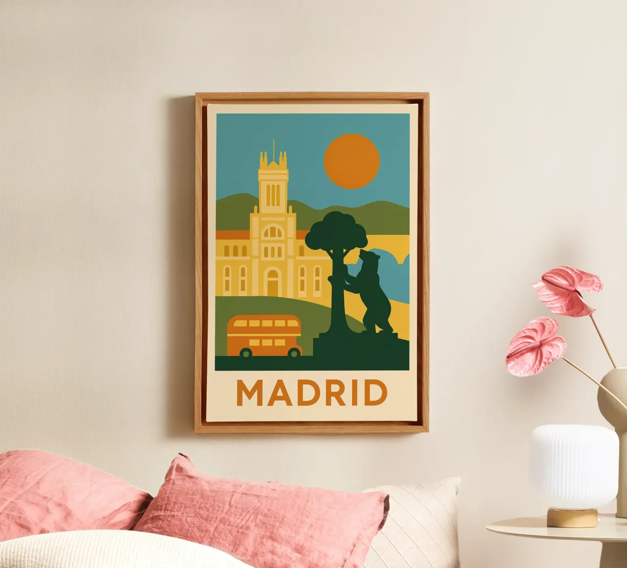 Madrid in solido - Sole, orso e grandezza tela con Cornice a cassetta da JETLAG | affiches voyage