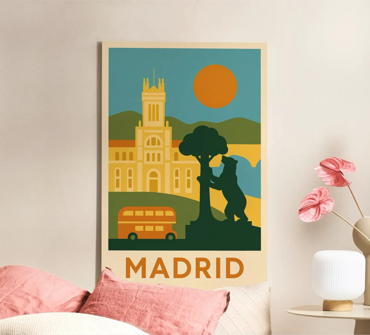 Madrid in solido - Sole, orso e grandezza tela con Cornice a cassetta da JETLAG | affiches voyage