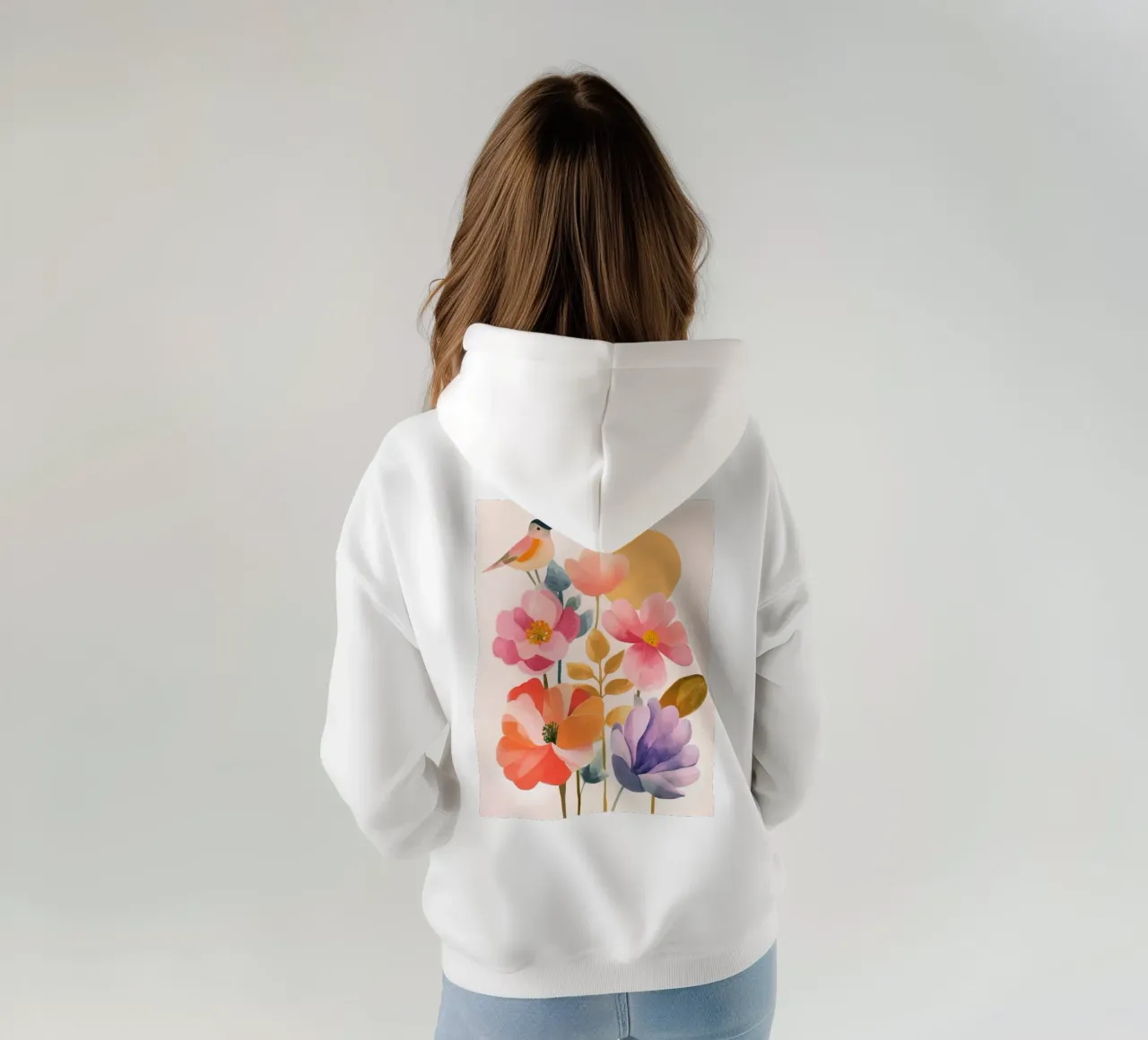 Uccello Boho e giardino di papaveri Vintage floreale con sole e luna felpa con cappuccio da Gentle Echoes Art