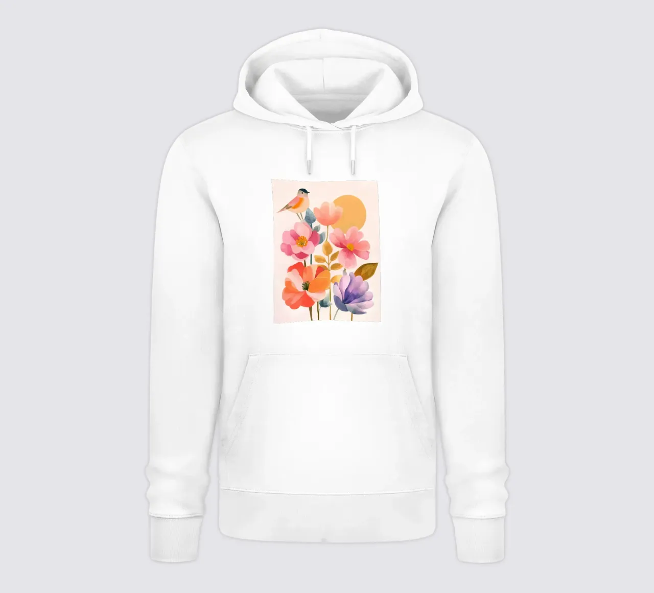 Uccello Boho e giardino di papaveri Vintage floreale con sole e luna felpa con cappuccio da Gentle Echoes Art
