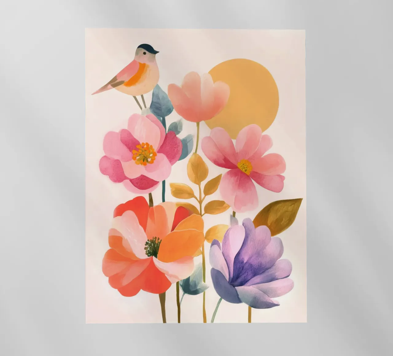 Uccello Boho e giardino di papaveri Vintage floreale con sole e luna pellicola backlit da Gentle Echoes Art