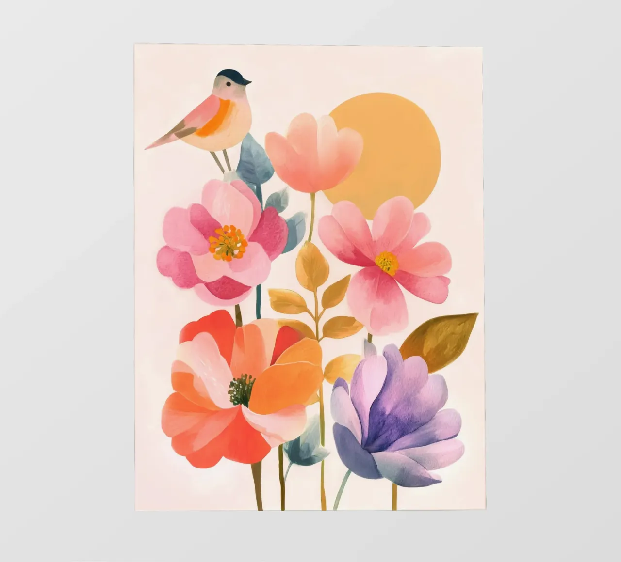 Uccello Boho e giardino di papaveri Vintage floreale con sole e luna telo in pvc da Gentle Echoes Art
