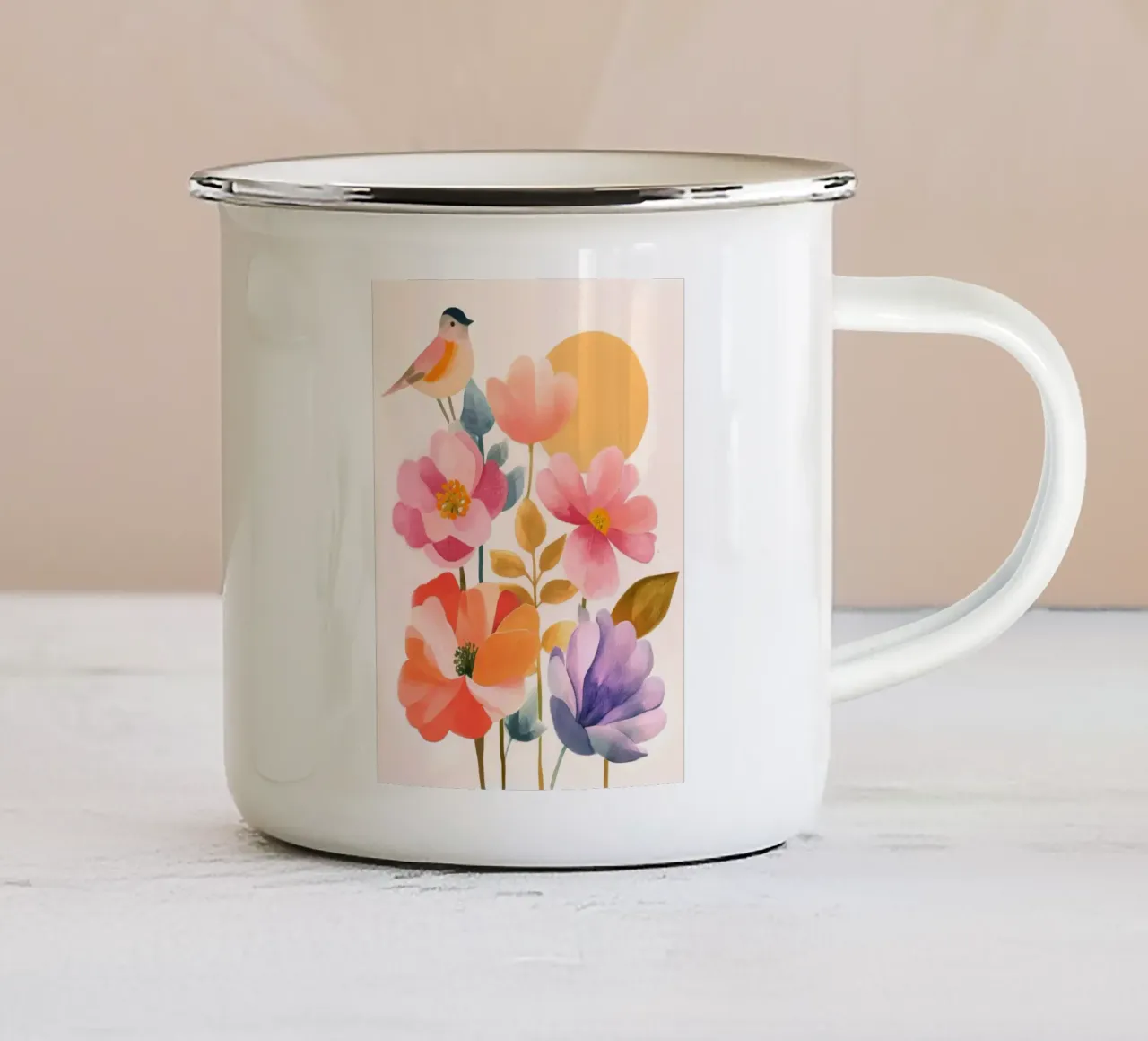 Uccello Boho e giardino di papaveri Vintage floreale con sole e luna tazza in smalto da Gentle Echoes Art