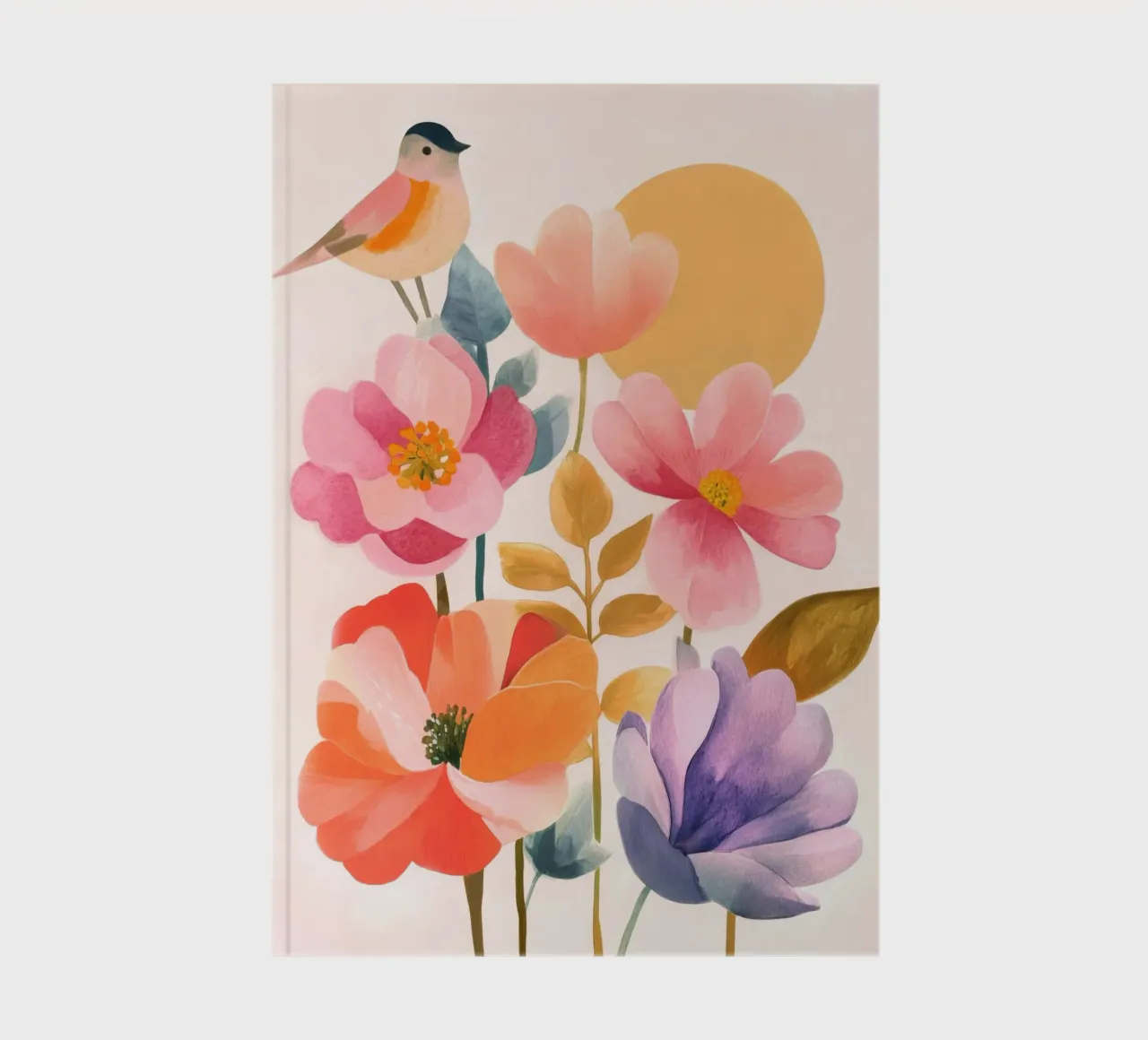 Uccello Boho e giardino di papaveri Vintage floreale con sole e luna diario da Gentle Echoes Art