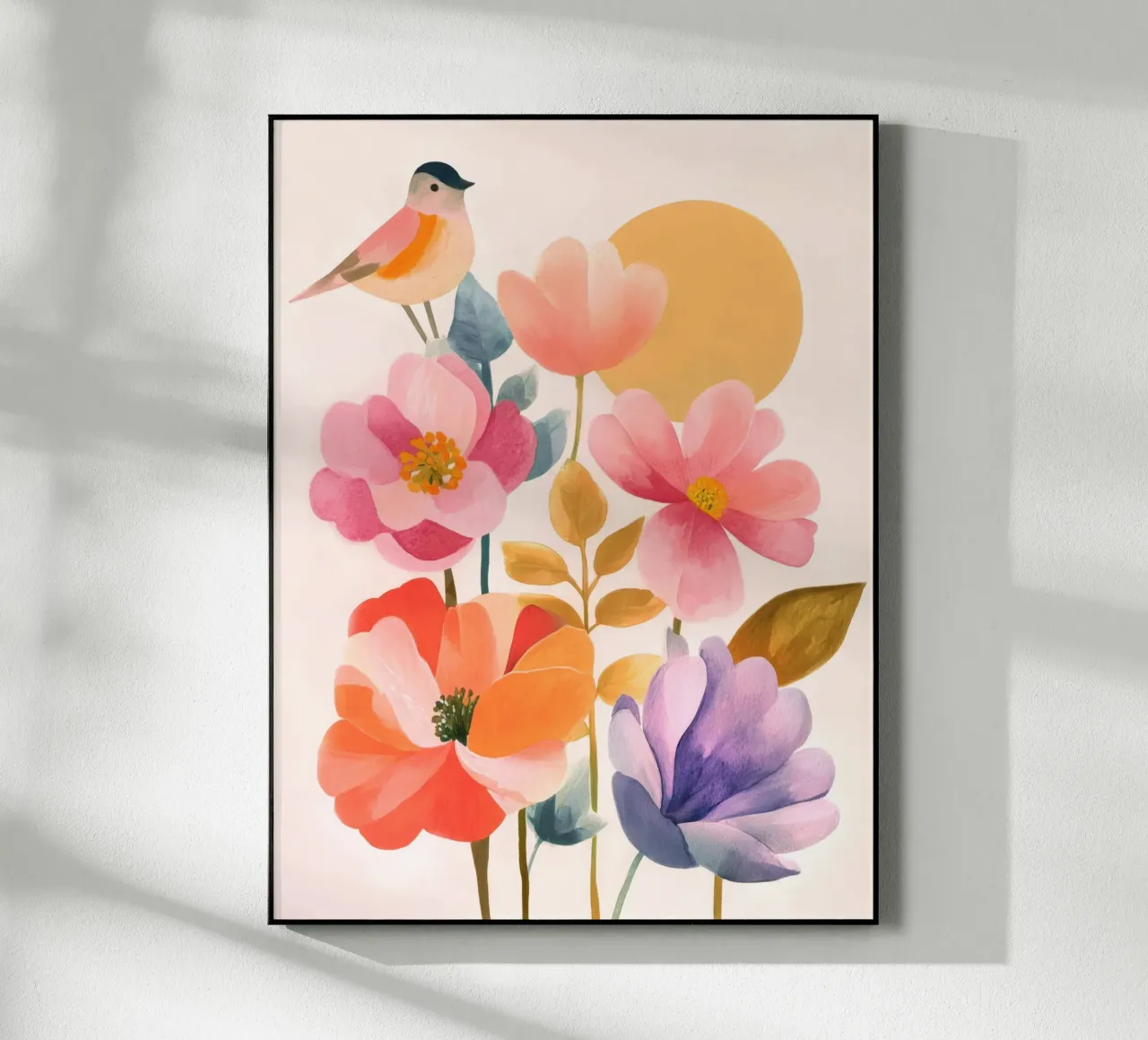Uccello Boho e giardino di papaveri Vintage floreale con sole e luna plexiglass da Gentle Echoes Art