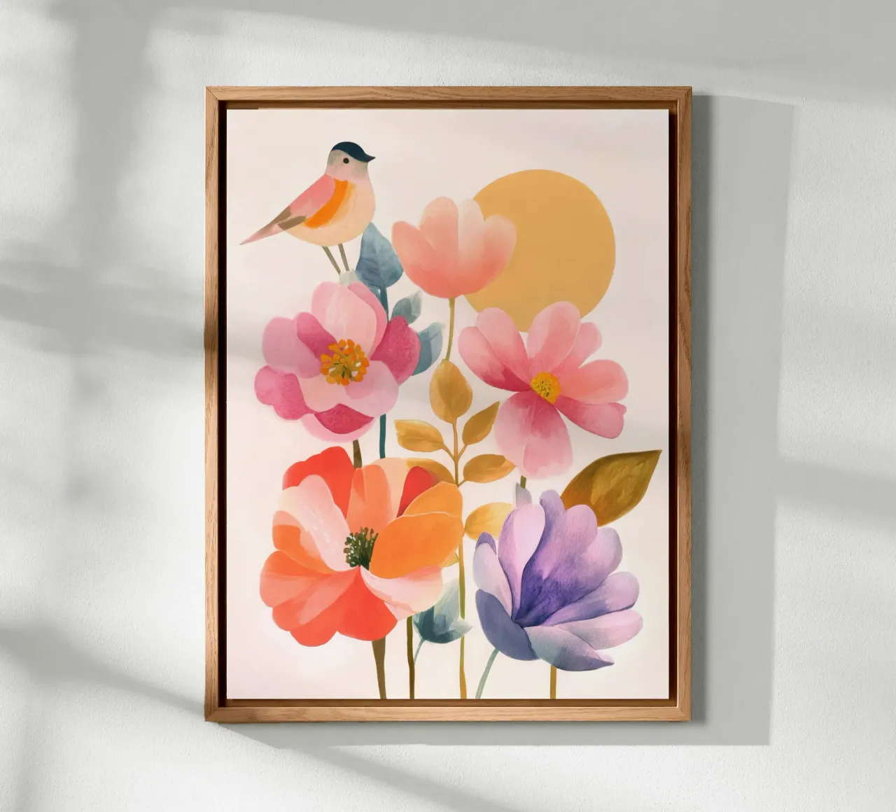 Uccello Boho e giardino di papaveri Vintage floreale con sole e luna pannello forex da Gentle Echoes Art
