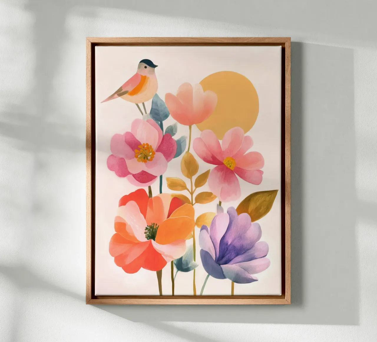 Boho Vogel & Klaproos Tuin Vintage Bloemen met Zon en Maan canvas met Baklijst van Gentle Echoes Art
