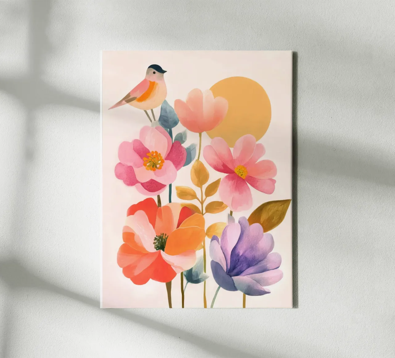 Boho Vogel & Klaproos Tuin Vintage Bloemen met Zon en Maan canvas met Baklijst van Gentle Echoes Art