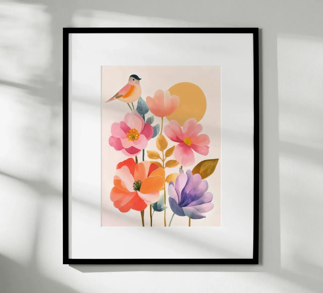 Uccello Boho e giardino di papaveri Vintage floreale con sole e luna poster con telaio in alluminio da Gentle Echoes Art