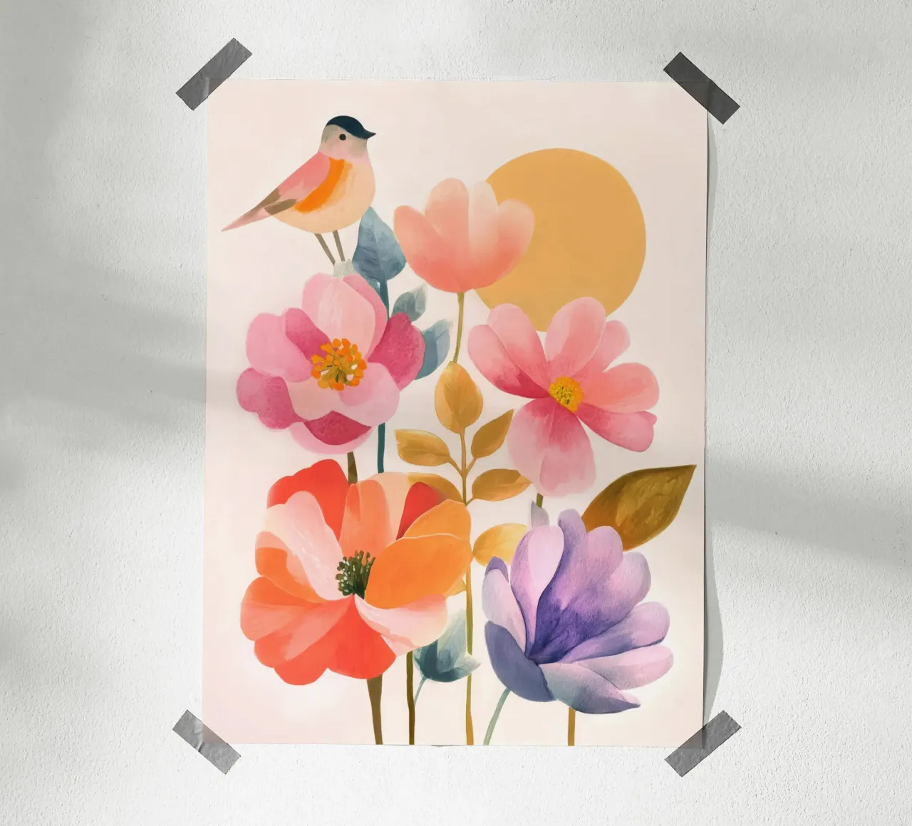 Uccello Boho e giardino di papaveri Vintage floreale con sole e luna poster con telaio in alluminio da Gentle Echoes Art