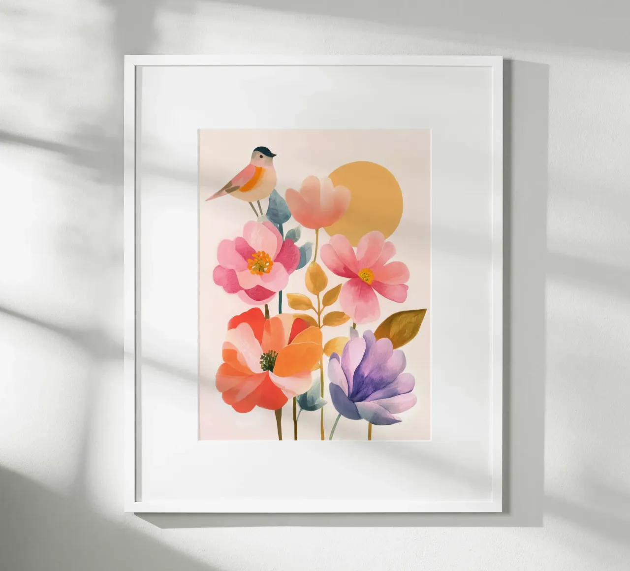 Uccello Boho e giardino di papaveri Vintage floreale con sole e luna poster con telaio in alluminio da Gentle Echoes Art