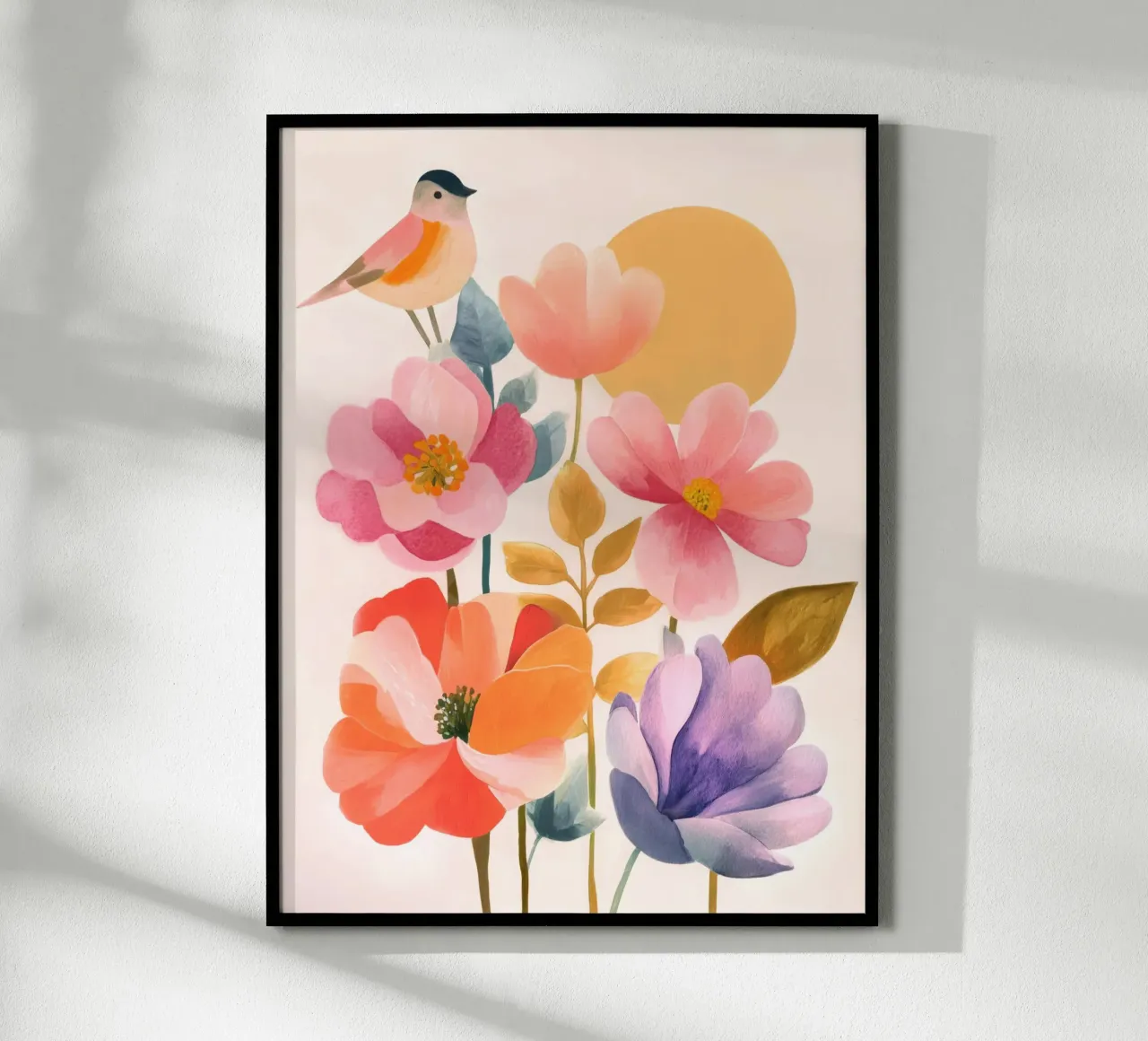 Uccello Boho e giardino di papaveri Vintage floreale con sole e luna poster con telaio in alluminio da Gentle Echoes Art
