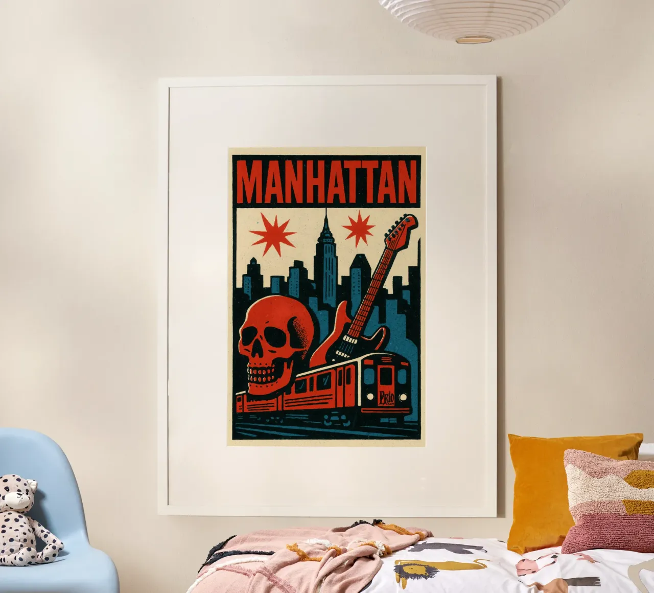 Manhattan - Chitarra, teschio e metropolitana: l'anima del rock newyorkese poster con telaio in alluminio da JETLAG | affiches voyage
