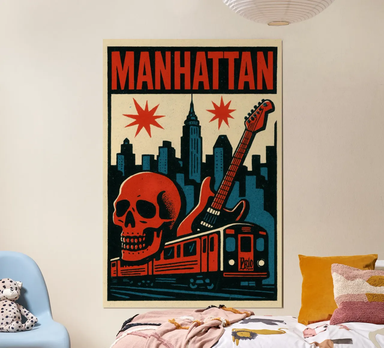 Manhattan - Chitarra, teschio e metropolitana: l'anima del rock newyorkese poster con telaio in alluminio da JETLAG | affiches voyage