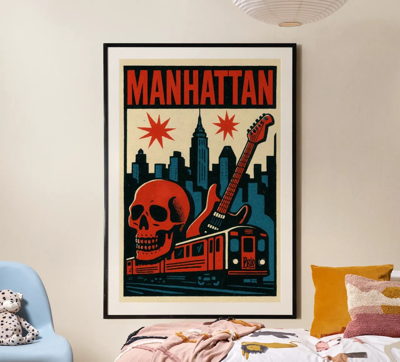 Manhattan - Chitarra, teschio e metropolitana: l'anima del rock newyorkese poster con telaio in alluminio da JETLAG | affiches voyage