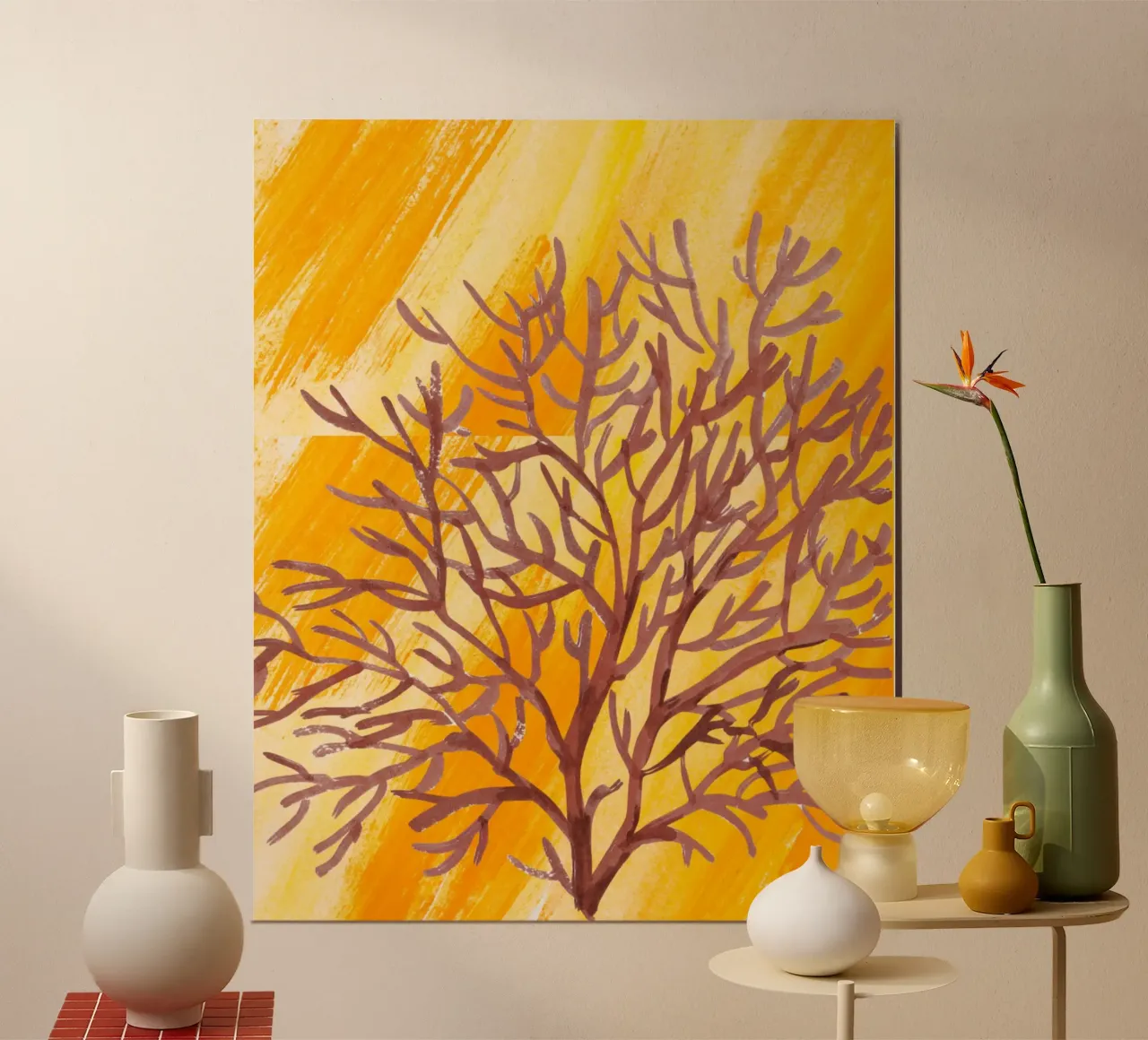 Senfgelbe Pinselstriche mit botanischem Akzent poster con marco de plástico de StrindesignStudio