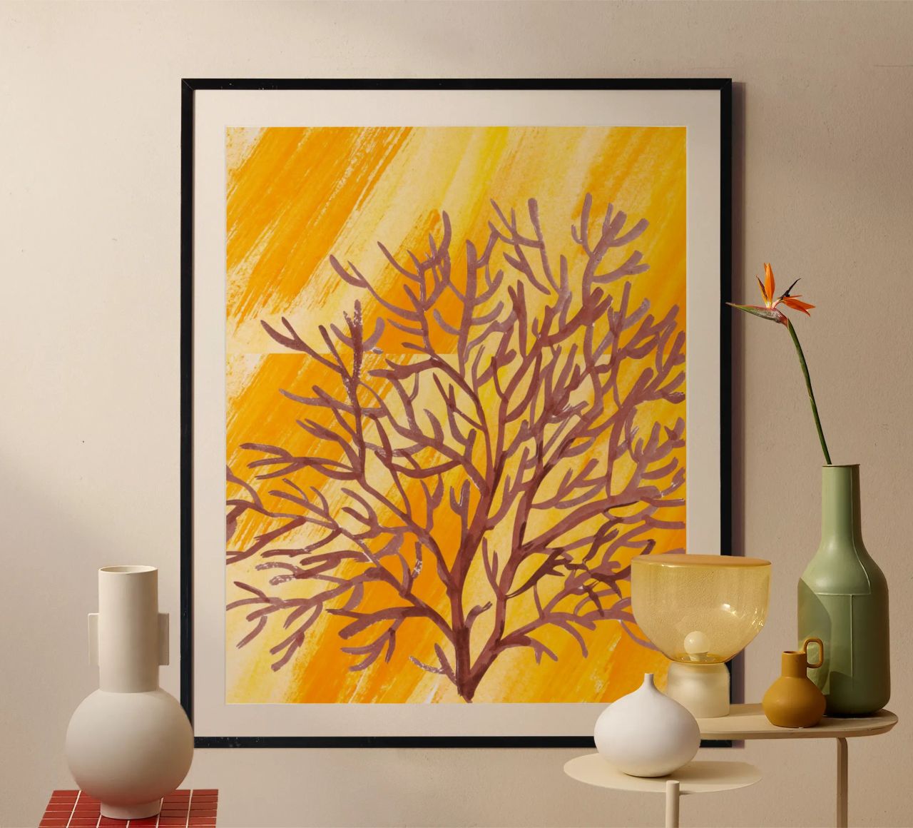 Senfgelbe Pinselstriche mit botanischem Akzent poster da nsbdesign