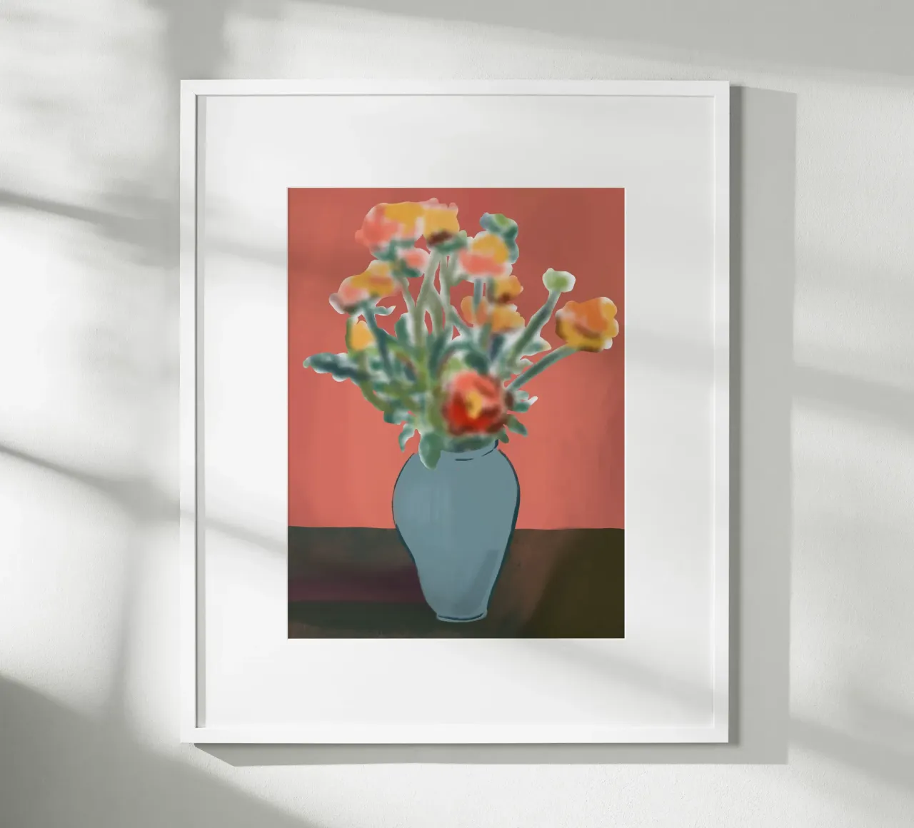 Vaso di fiori con sfondo rosa poster con telaio in plastica da Little Dean