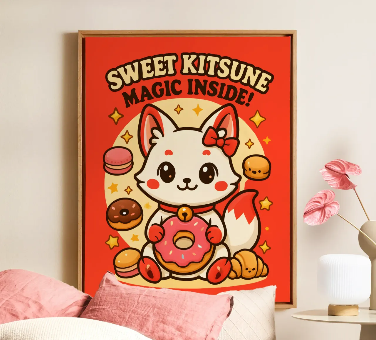 Süßer Kitsune Kawaii mit magischen Leckereien. Leinwand mit Schattenfugenrahmen von LM2KONE