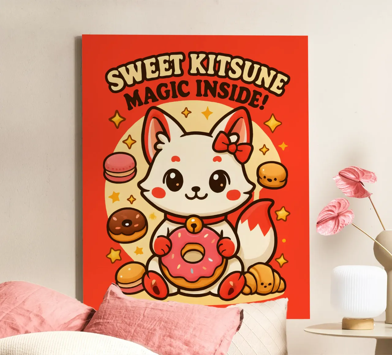 Süßer Kitsune Kawaii mit magischen Leckereien. Leinwand mit Schattenfugenrahmen von LM2KONE