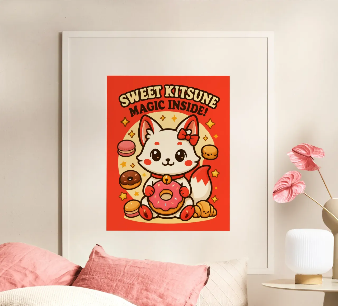 Dolce kitsune kawaii con dolcetti magici. poster con telaio in legno da LM2KONE