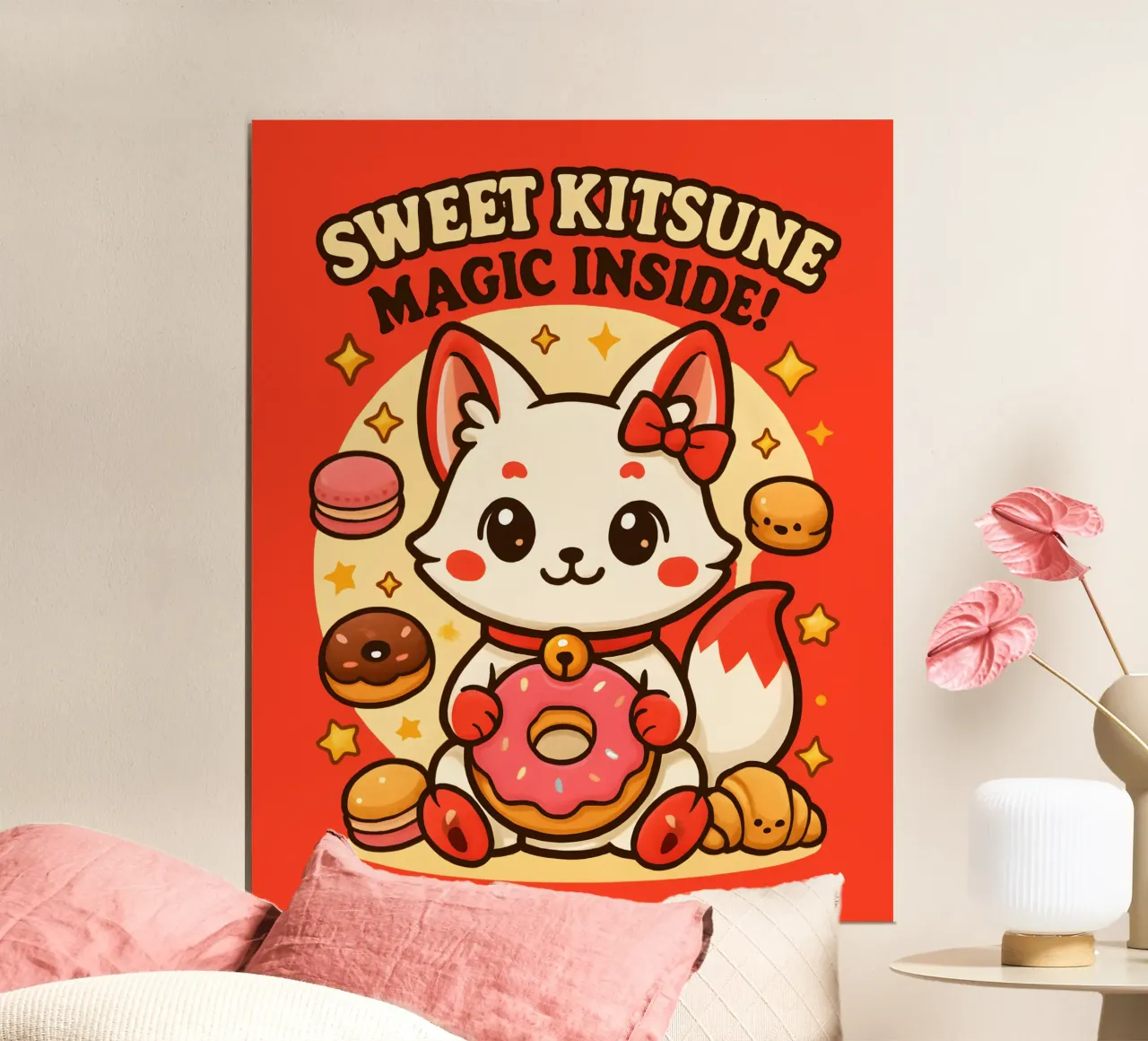 Dolce kitsune kawaii con dolcetti magici. poster con telaio in legno da LM2KONE