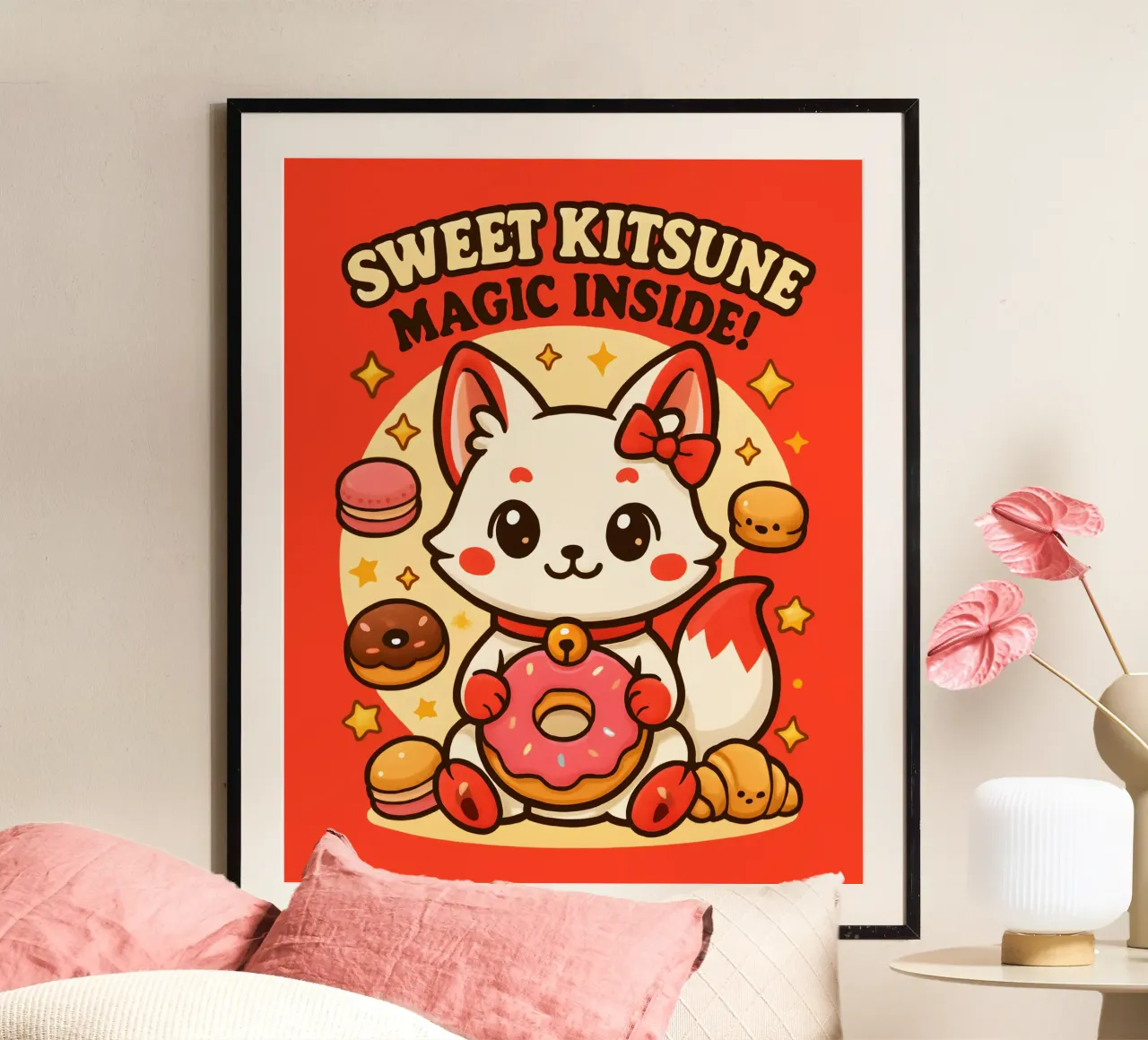 Dolce kitsune kawaii con dolcetti magici. poster con telaio in legno da LM2KONE