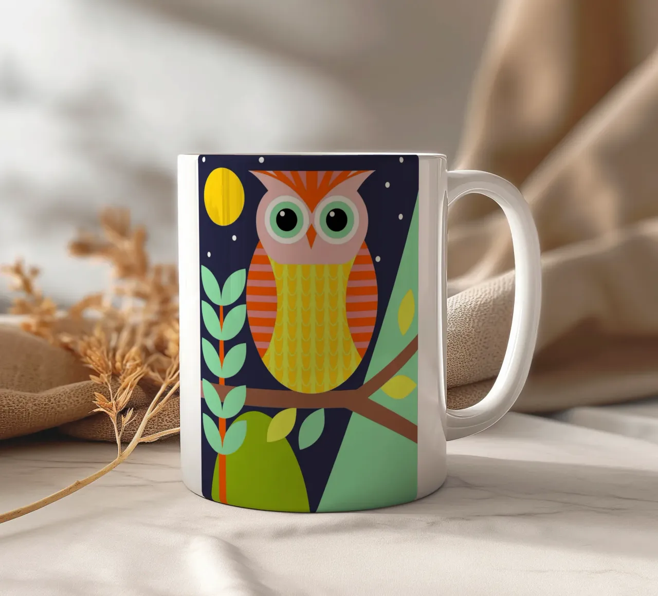 gufo stile retrò ilustrazione vettoriale tazza in ceramica da kamilaze
