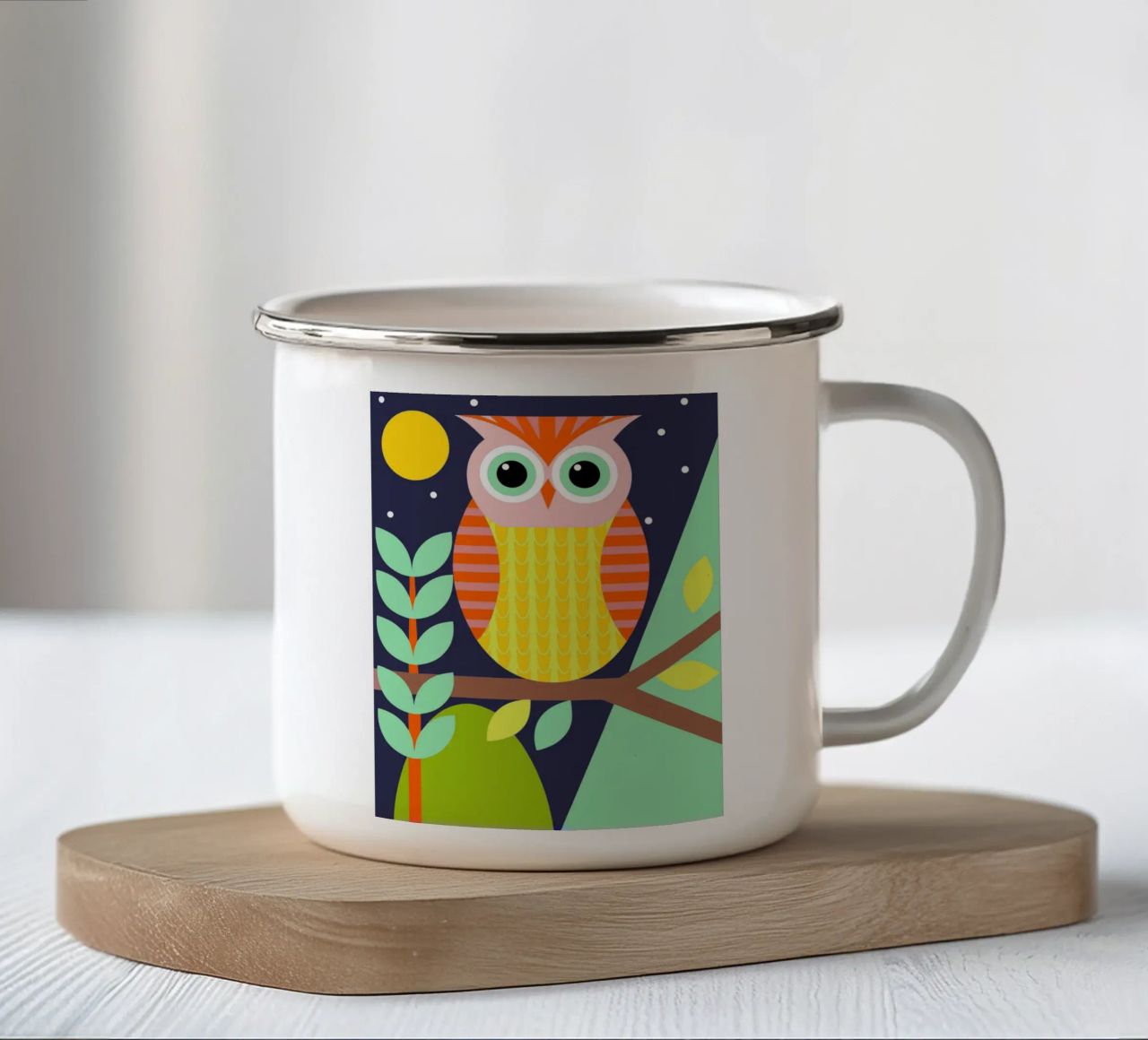 gufo stile retrò ilustrazione vettoriale tazza in smalto da kamilaze
