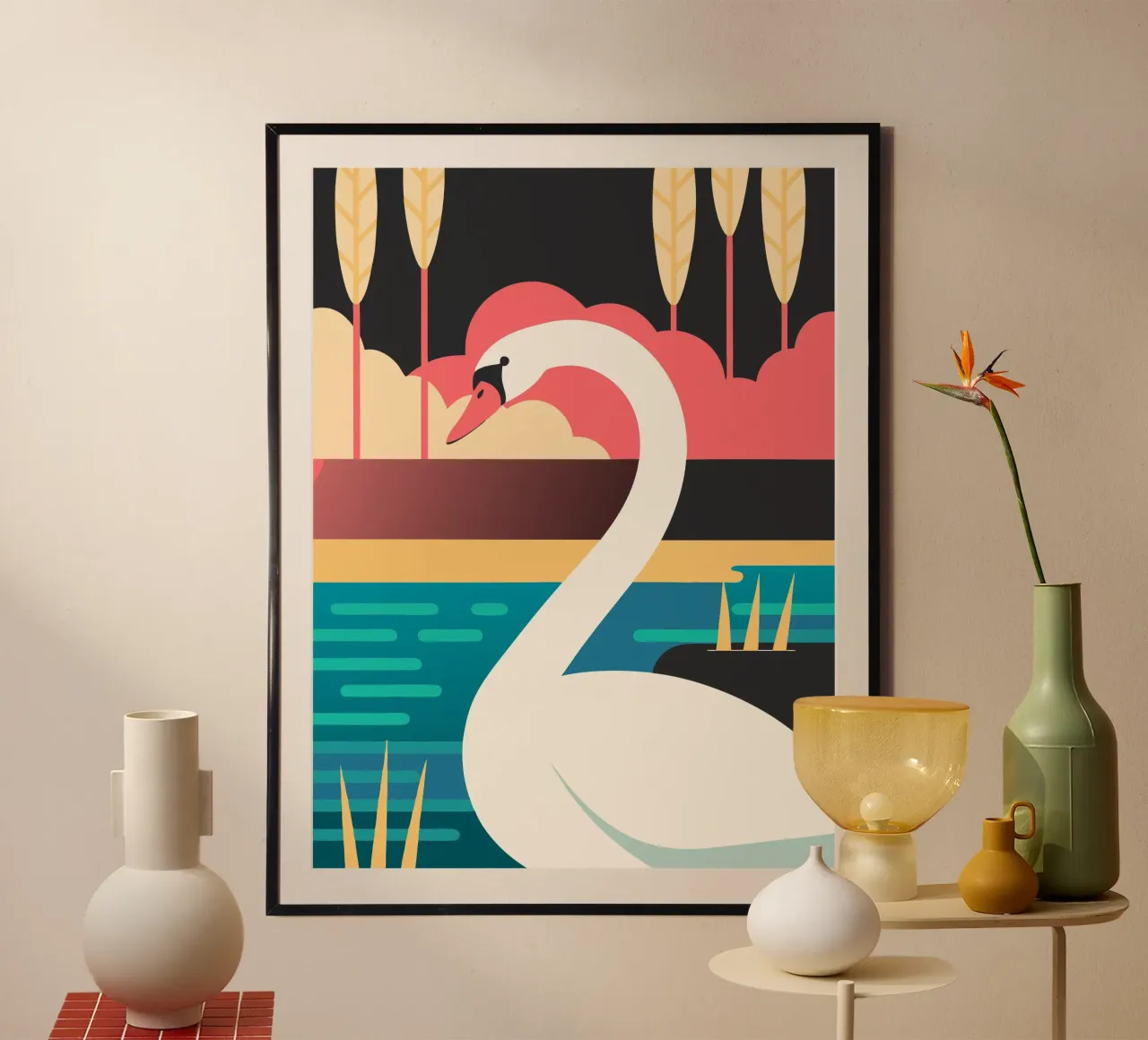 cigno fantasia vettoriale poster con telaio in legno da kamilaze
