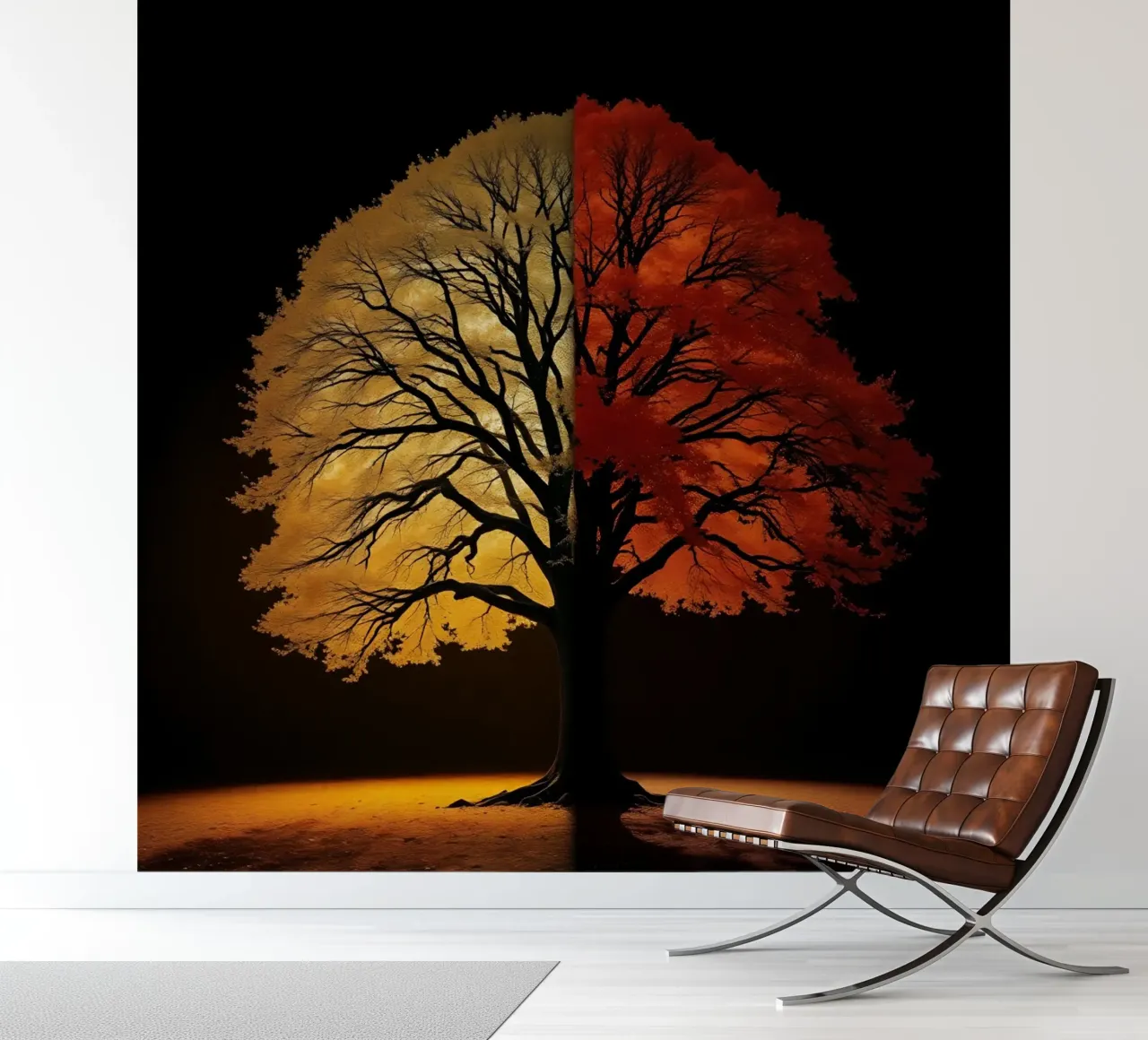 Baum, der die jahreszeitliche Veränderung mit kontrastreicher Kunst zeigt Fototapete von DesignDoodle