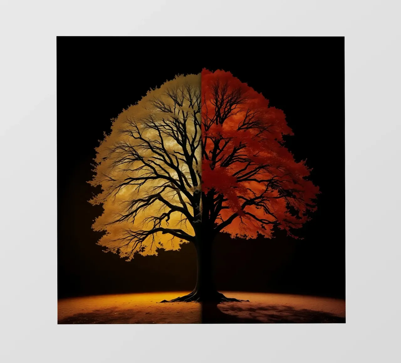 Baum, der die jahreszeitliche Veränderung mit kontrastreicher Kunst zeigt Fototapete von DesignDoodle