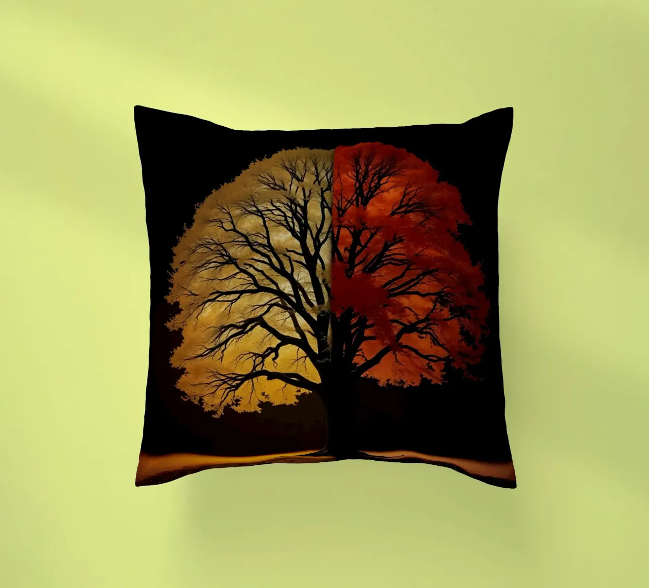Tree showcasing seasonal transformation with contrasting art decorative cushion by DesignDoodle