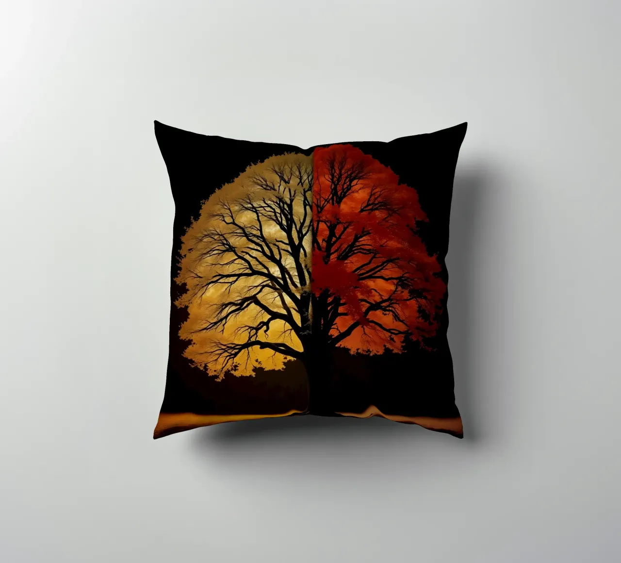 Tree showcasing seasonal transformation with contrasting art decorative cushion by DesignDoodle