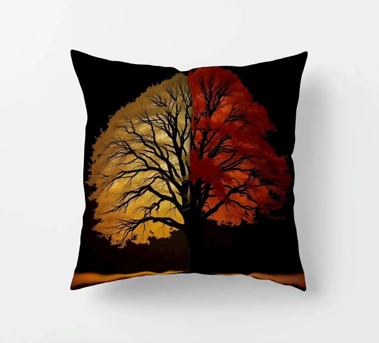 Tree showcasing seasonal transformation with contrasting art decorative cushion by DesignDoodle