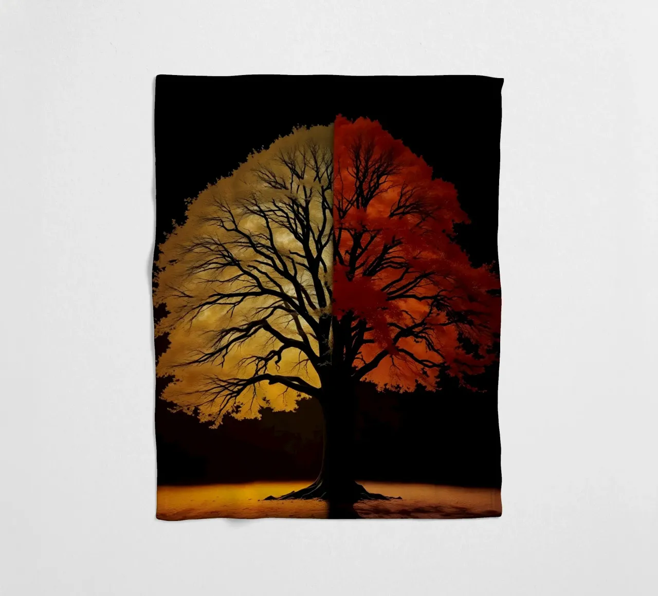 Tree showcasing seasonal transformation with contrasting art fleece blanket by DesignDoodle