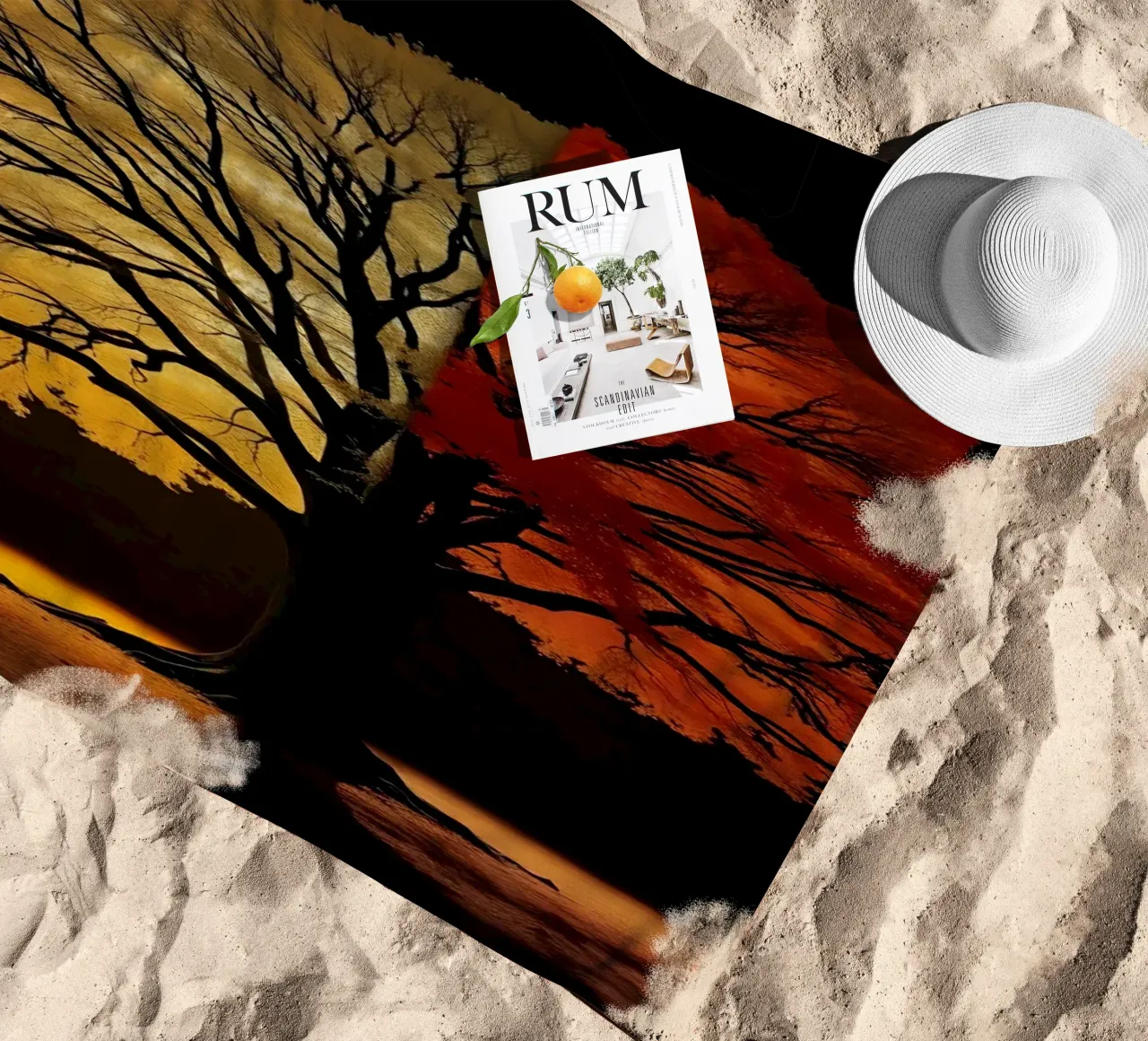 Tree showcasing seasonal transformation with contrasting art beach towel by DesignDoodle