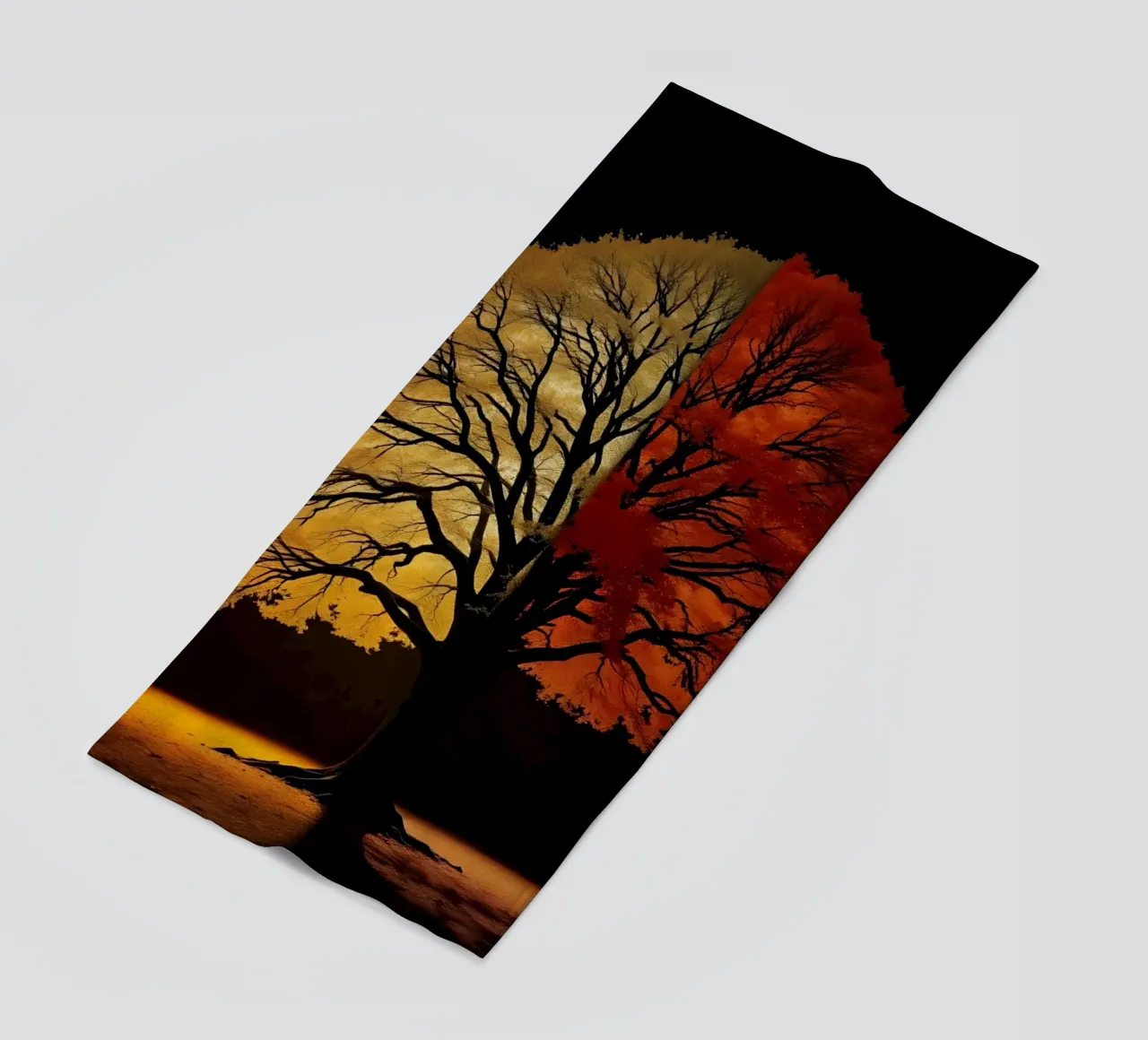 Tree showcasing seasonal transformation with contrasting art beach towel by DesignDoodle