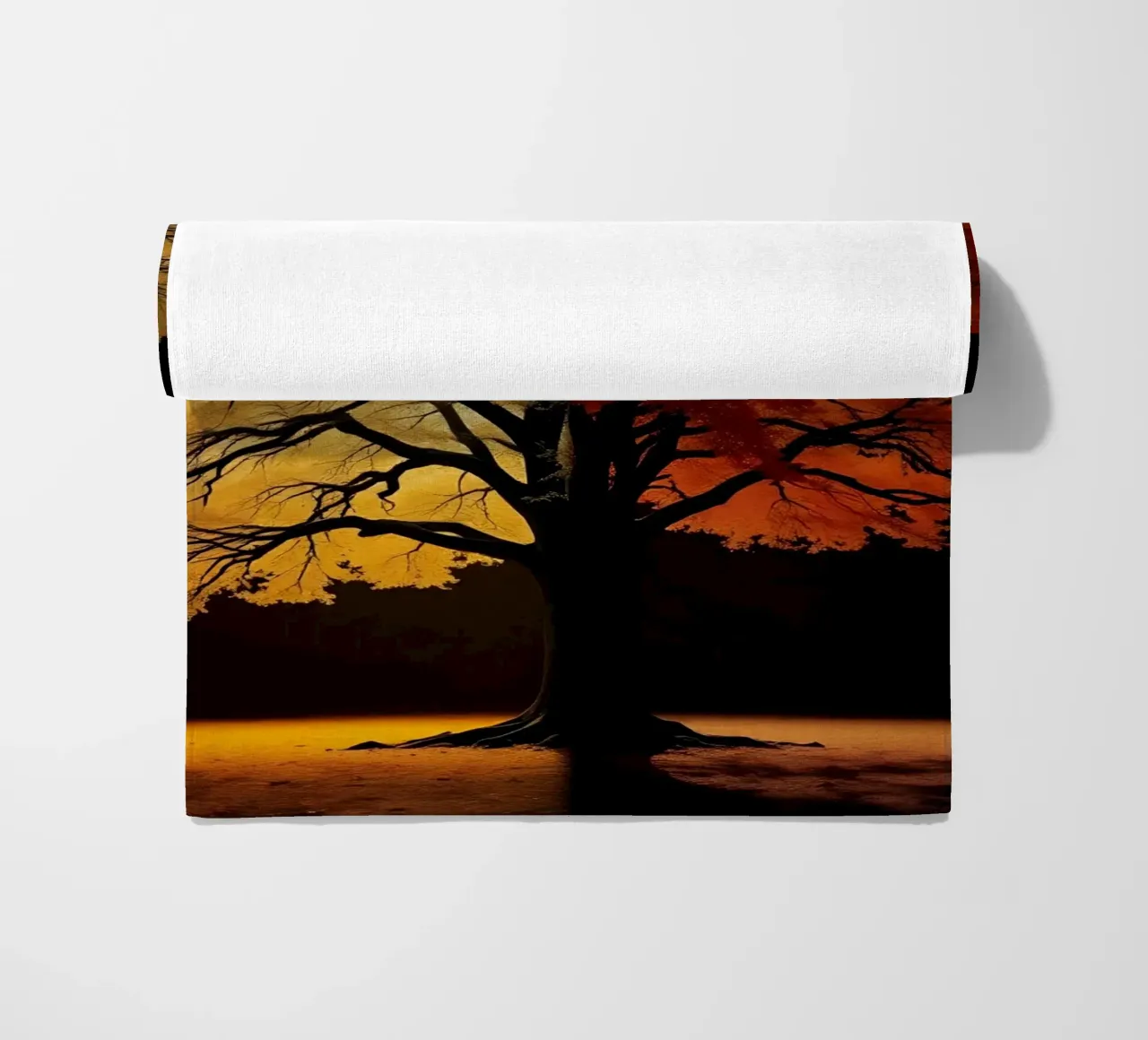Tree showcasing seasonal transformation with contrasting art beach towel by DesignDoodle