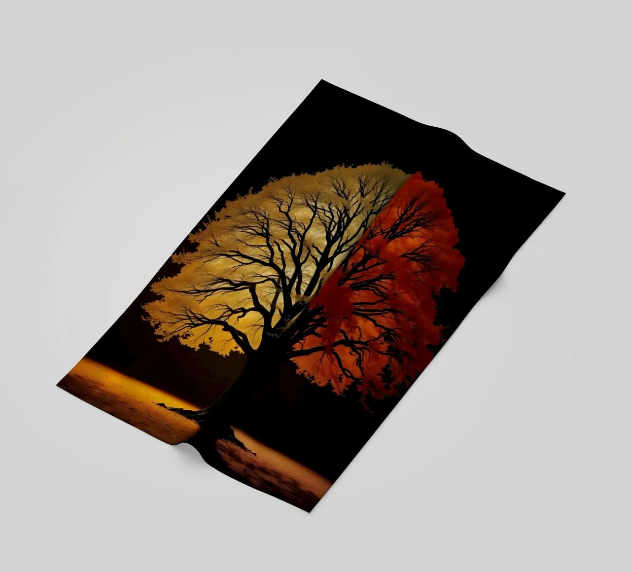 Tree showcasing seasonal transformation with contrasting art beach towel by DesignDoodle