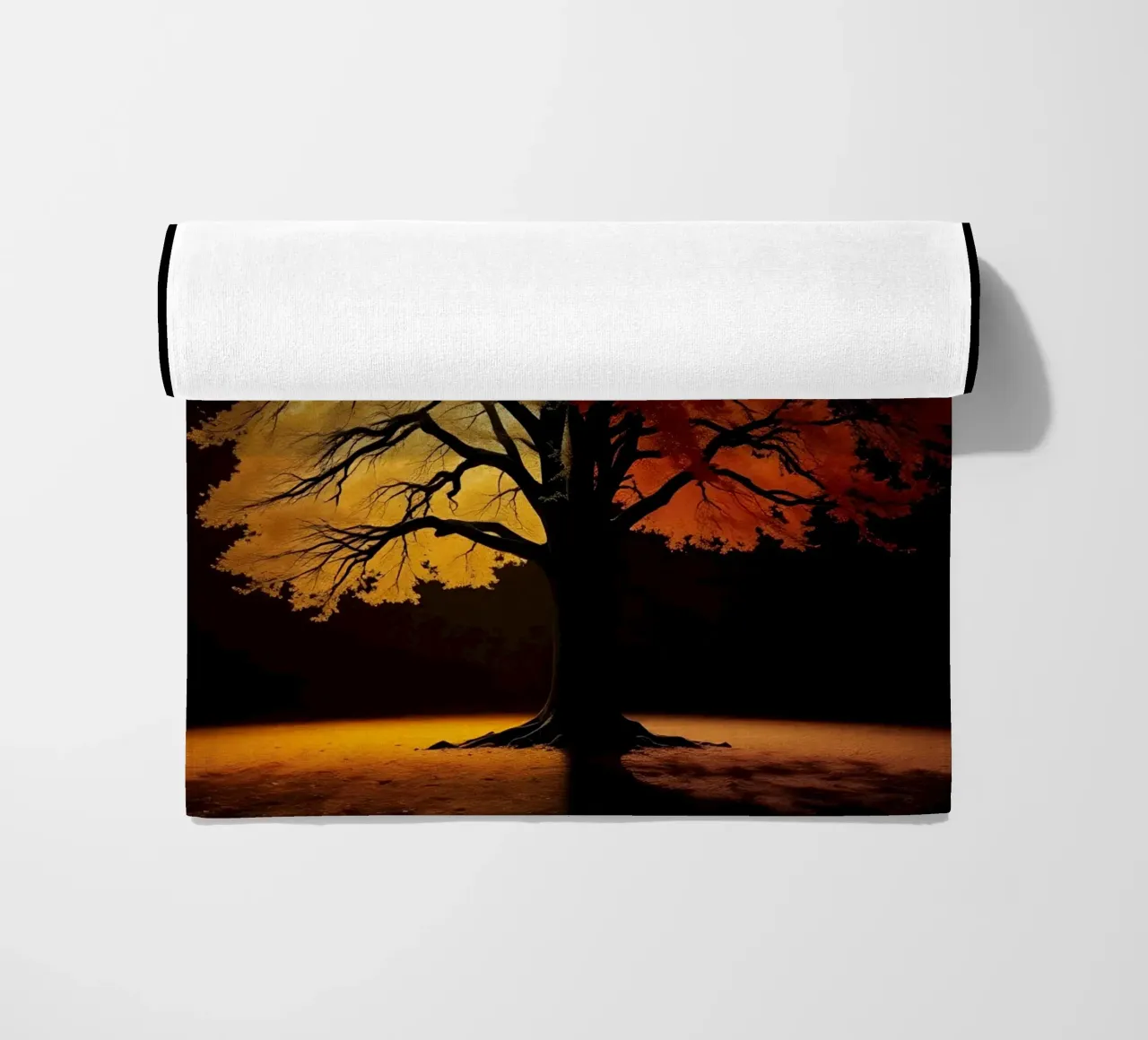 Tree showcasing seasonal transformation with contrasting art beach towel by DesignDoodle
