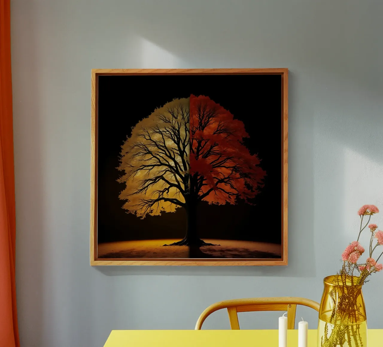 Tree showcasing seasonal transformation with contrasting art acrylic glass by DesignDoodle